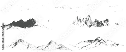 Six distinct grey mountain range with varied peaks and textures on white background landscape summit