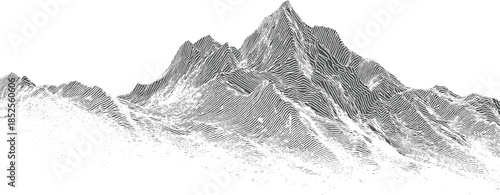 Abstract topographic map of a mountain range rendered in grayscale lines and dots