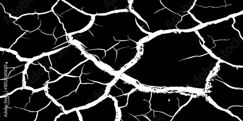 Abstract black cracked texture with white fracture lines, resembling dry soil or shattered surface. High contrast, minimal design, sharp details, seamless pattern, clean background, studio lighting.