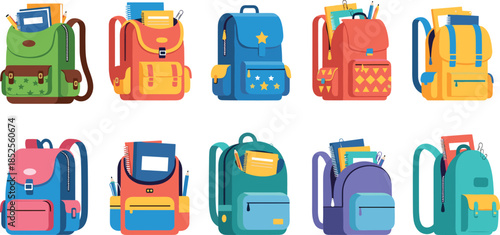 Collection of colorful school backpacks and rucksacks filled with notebooks and stationery for students education learning and back to school concepts