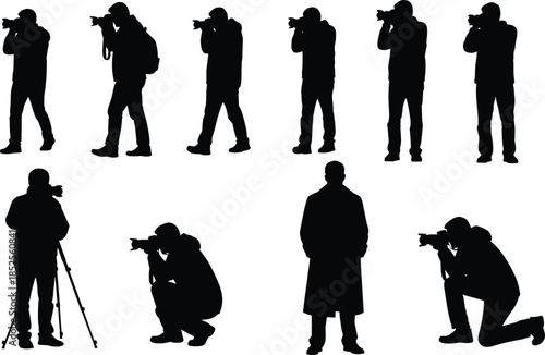 Photographer silhouettes, camera poses, tripod stance, crouching, standing, kneeling, vector illustration, black figures, photography concept, creative design, stock art