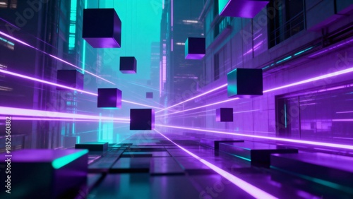 Futuristic neon cityscape with floating cubes