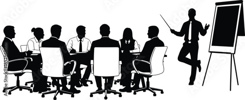 Business presentation silhouette of professional team in a conference room meeting with speaker explaining strategy on flipchart for corporate success
