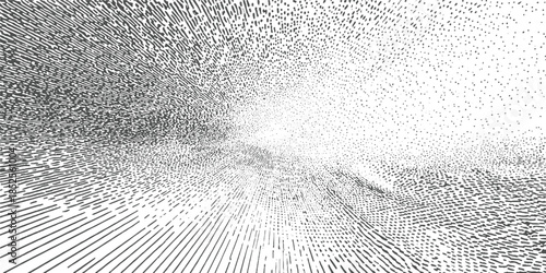Abstract monochrome pattern of dots and lines receding into a bright light source