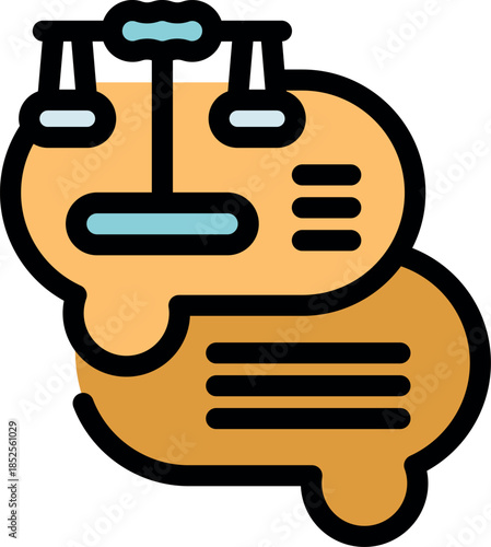 Scales of justice inside speech bubbles symbolizing legal advice, consultation, and communication related to law and justice