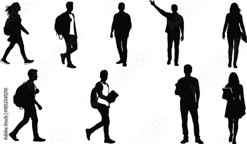 Silhouette group of diverse students walking, standing, carrying backpacks, books, folders, dynamic poses, academic lifestyle, youth education, campus diversity illustration