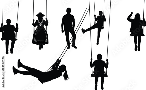 Silhouette people swinging, playful motion, cultural diversity, traditional dress, outdoor fun, minimalist style, vector art, childhood joy, leisure activity, black figures, swing set