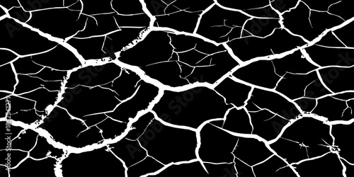 Abstract black cracked texture with white fracture lines, resembling dry soil or shattered surface. High contrast, minimal design, sharp details, seamless pattern, clean background, studio lighting.