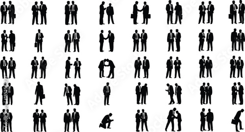 Businesspeople silhouette vector set, black icons, handshake, communication, teamwork poses, corporate interaction artwork, isolated clipart design