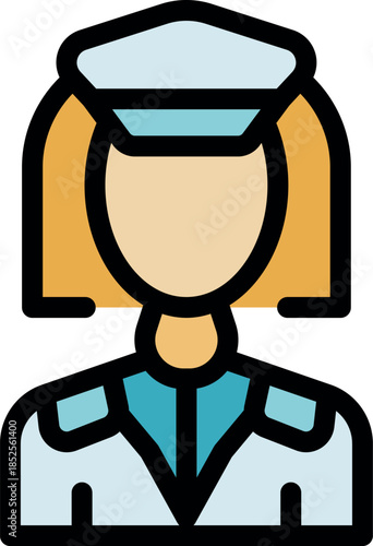 Blond stewardess avatar wearing uniform, hat and epaulettes, simple colored vector icon