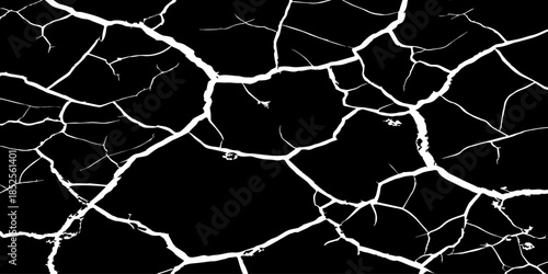 Abstract black cracked texture with white fracture lines, resembling dry soil or shattered surface. High contrast, minimal design, sharp details, seamless pattern, clean background, studio lighting.