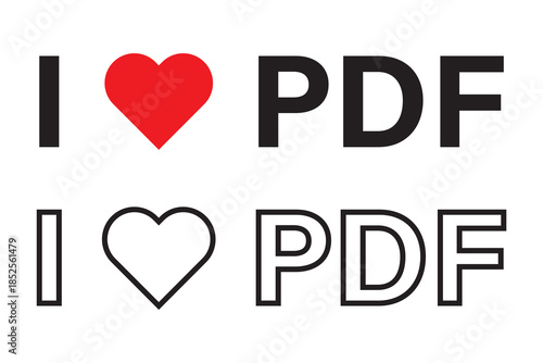 i love pdf text lettering, writing icon on white background.