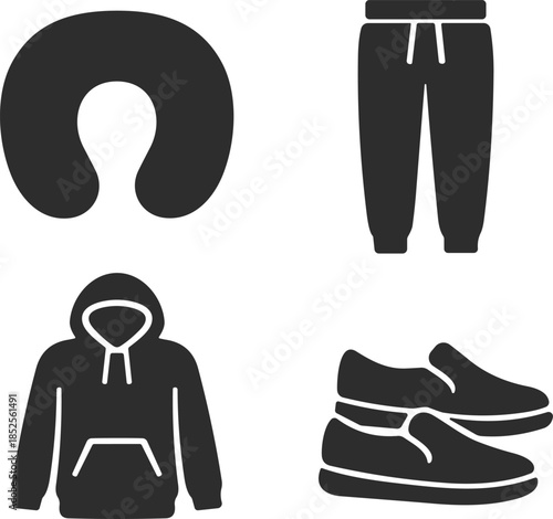 Travel neck pillow, sweatpants, hoodie, slip-on shoes, comfort essentials, casual wear, airport outfit, travel gear, vector icons, black silhouette set