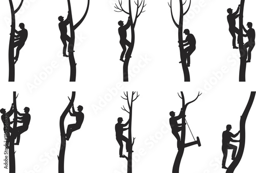 Tree climbing silhouette illustration, people climbing trees, outdoor activity, forest adventure, arborist action, nature exploration, teamwork, climbing gear, vector art
