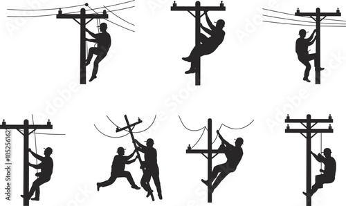 Utility worker silhouettes, electrical lineman climbing pole, power line maintenance, safety gear, helmet, harness, vector illustration, black silhouette, electricity, repair
