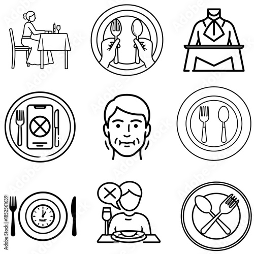 Dining Etiquette and Restaurant Rules Vector Icon Set. Table Manners Symbols