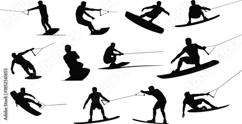 Wakeboarding silhouette vector set, extreme water sport poses, dynamic rider actions, tow rope tricks, summer adventure, black icons, editable illustration, isolated
