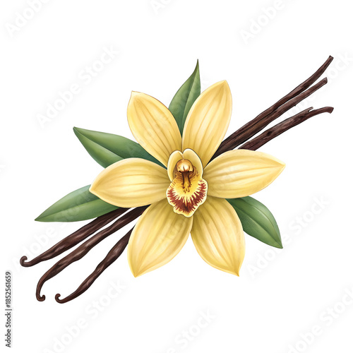 Watercolor Yellow Vanilla Orchid and Beans isolated on a transparent background