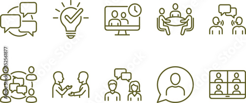 Business communication icons set, teamwork collaboration, online meeting, discussion, brainstorming, customer support, video conference, people interaction, outline vector illustration