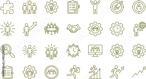 Business teamwork line icons set, leadership management strategy collaboration growth planning productivity startup workflow innovation vector illustration