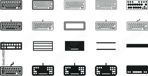 Keyboard icon set, computer keyboard collection, mechanical keyboard layouts, minimalist line icons, user interface symbols, technology design elements