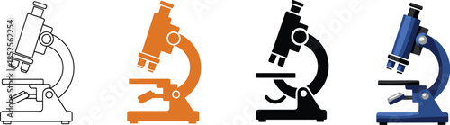 Microscope icon set, scientific laboratory research symbols, flat and outline styles, education biology chemistry medical science illustration vector graphic collection