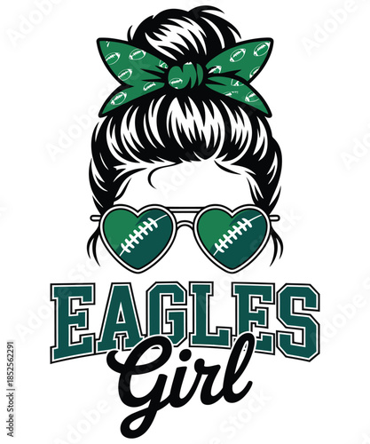 A stylish eagles girl messy bun design perfect for football fans and game day t shirt design