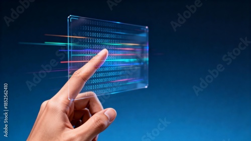 Hand interacting with digital binary code
