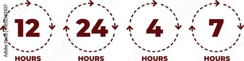 Time duration infographic showing 12 24 4 7 hours icons, circular arrows, schedule concept, deadline countdown, clock illustration for business