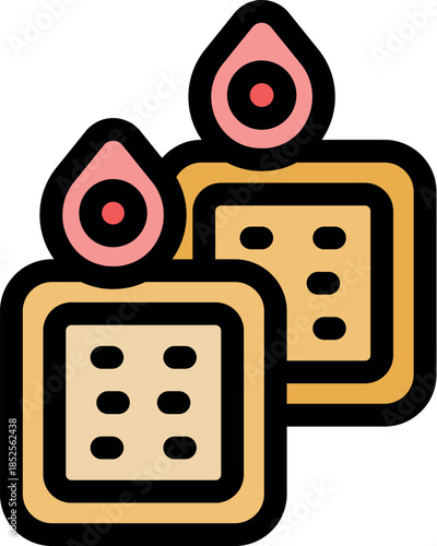 Two lit square candles are burning brightly, creating a warm and inviting ambiance with their pink flames