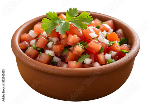 Freshly made pico de gallo in a terracotta bowl vibrant colors on transparent background.