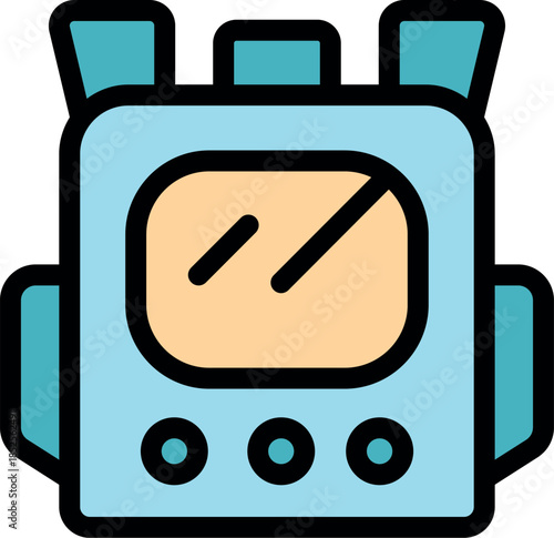 Retro style portable radio transceiver featuring prominent antennae and a central display screen conveying information