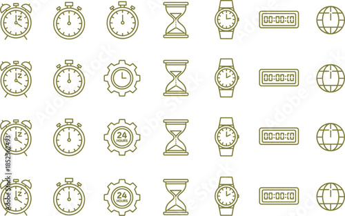 Time icons collection, stopwatch clock watch hourglass digital timer globe symbols, blue outline vector set, modern time management illustration