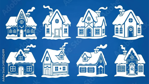 Winter Snowy Houses Silhouette Set, Cozy Christmas Cottages on Blue Background