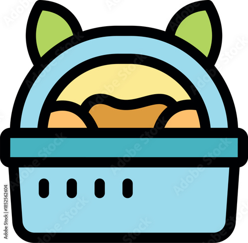 Blue cat litter box with handles and ears holding cat litter, perfect for keeping your home clean