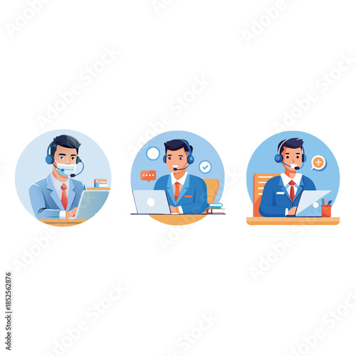 Set of customer service representative icons featuring men wearing headsets and face masks working on laptops in a call center environment for support and assistance.