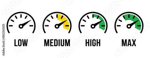 Analog speed level indicators set showing low, medium, high, and max dashboard gauge icons with infographic dials for energy, power, performance ranking, and measurement design