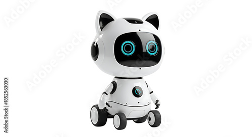 adorable white robotic cat with glowing blue eyes a playful design on transparent background.
