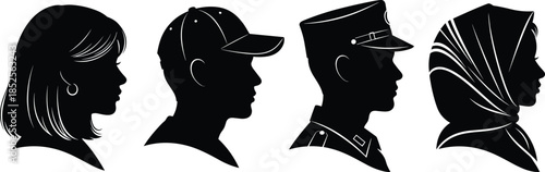 Diverse headwear silhouette vector, cultural profiles, black icons, people in hats, headscarf, earrings, military cap, isolated design