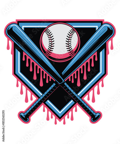 Modern vector illustration t shirt design of baseball bats, ball, and home plate emblem with dripping effect