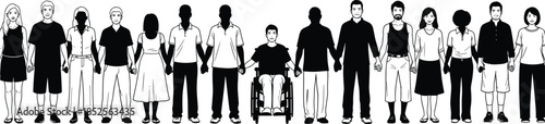 diversity, inclusion, community, silhouette, people, unity, wheelchair, group, black, white, icon, illustration, vector, design, symbol, equality, posture, gesture, togetherness, accessibility