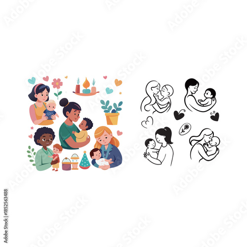 Motherhood and family bonding illustration set featuring diverse mothers holding babies in colorful flat style and black line art icons for nursery and parenting content