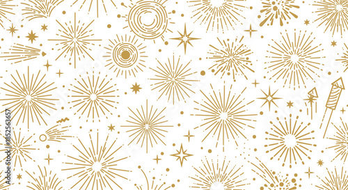 Vibrant gold and pink fireworks pattern on white background with sparkles and glitter