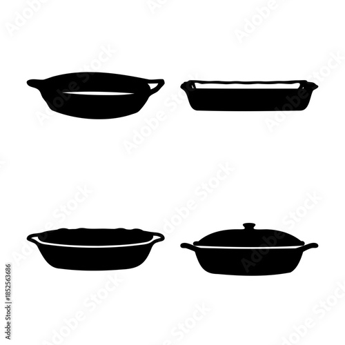 Baking dishes and casserole pots black silhouette vector set