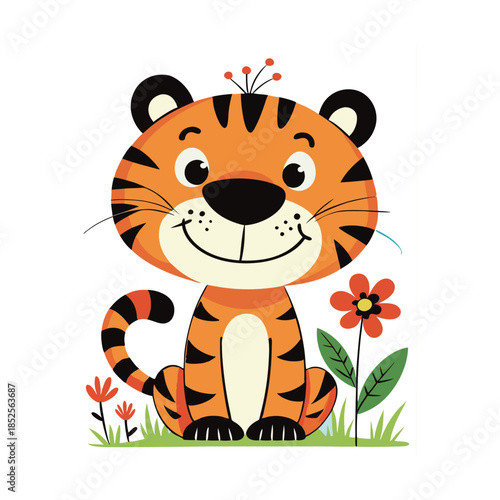 Smiling young tiger cub mascot with red flowers for animal theme parties kids apparel design and educational materials about endangered wildlife and jungle animals
