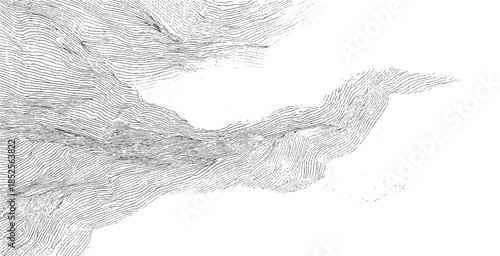 Topographic contour lines representing a mountainous landscape with a river valley topography terrain