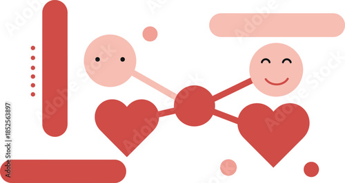 Two cartoon faces connected by red hearts on a white background with red shapes