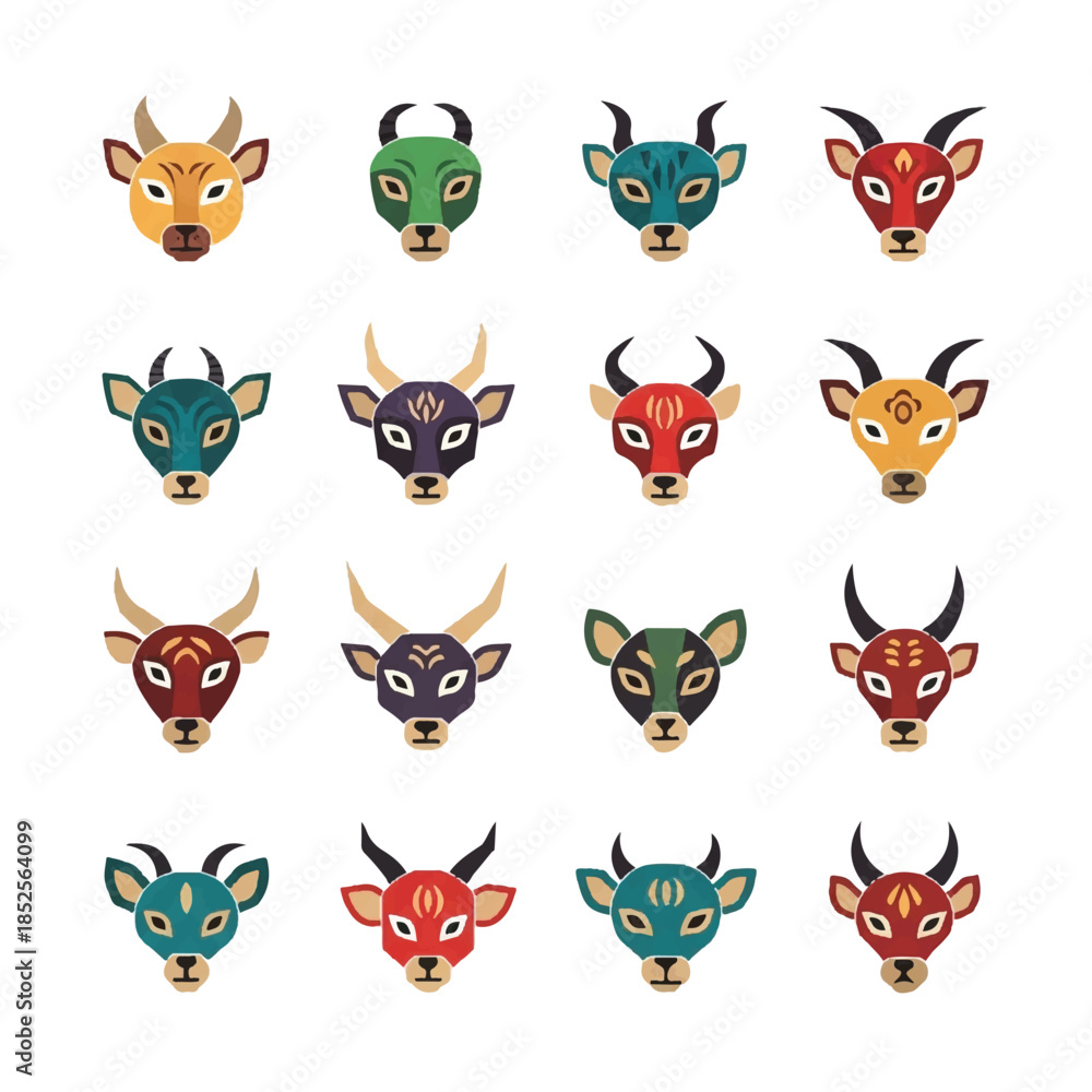 Fototapeta premium Colorful animal heads arranged in a grid pattern showcasing diverse hues and geometric shapes on a white canvas, creating a playful and modern aesthetic.