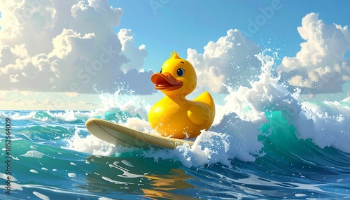 A yellow, cartoon duck surfing on a surfboard in ocean waves