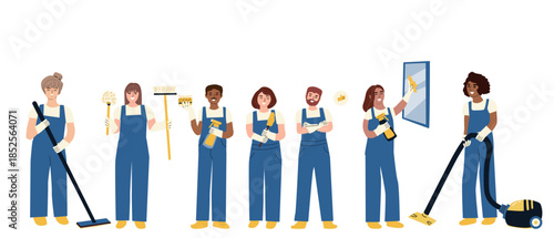 Cartoon cleaners set. Vector illustration isolated. Cleaning workers in uniforms. Cartoon woman and men in different ethnicity with cleaning tools.